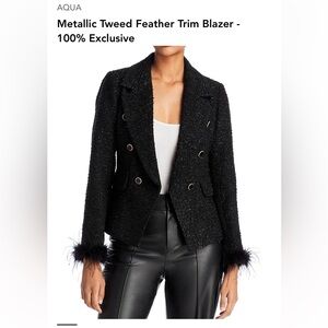 Aqua Metallic Tweed Feather Trim Blazer